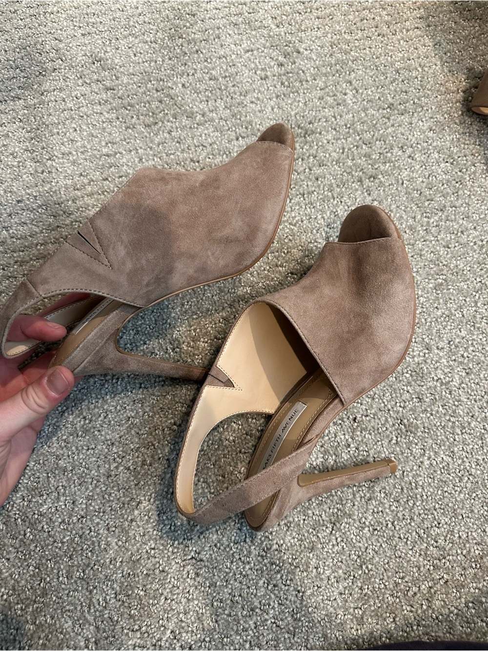 Saks Fifth Avenue Taupe Suede Peep-Toe Slingback Heels